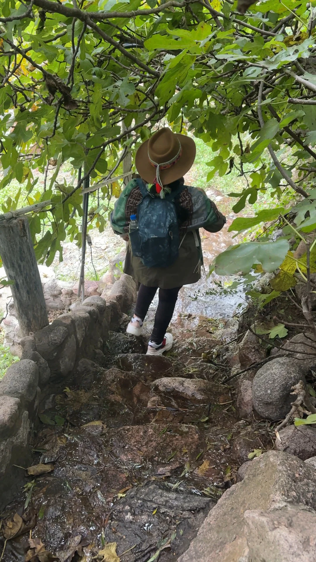 Leonarda Pauccar camina entre piedras y vegetación durante una caminata consciente.